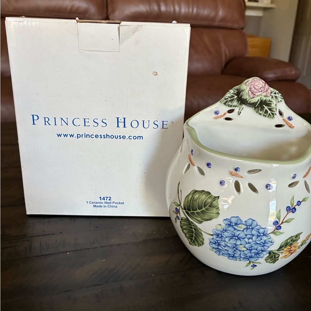 Princess House Ceramic Vase with Blue and Green Floral Design